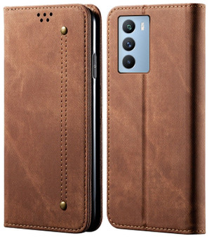 Cubix Denim Flip Cover for IQOO 9 SE 5G Case Premium Luxury Slim Wallet Folio Case Magnetic Closure Flip Cover with Stand and Credit Card Slot (Brown)