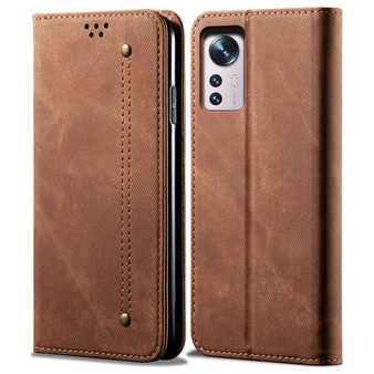 Cubix Denim Flip Cover for Xiaomi 12 Pro Case Premium Luxury Slim Wallet Folio Case Magnetic Closure Flip Cover with Stand and Credit Card Slot (Brown)