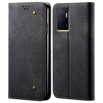 Cubix Denim Flip Cover for vivo V23e 5G Case Premium Luxury Slim Wallet Folio Case Magnetic Closure Flip Cover with Stand and Credit Card Slot (Black)