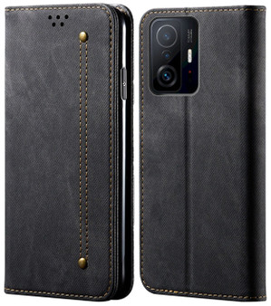 Cubix Denim Flip Cover for Xiaomi 11T Pro 5G Case Premium Luxury Slim Wallet Folio Case Magnetic Closure Flip Cover with Stand and Credit Card Slot (Black)