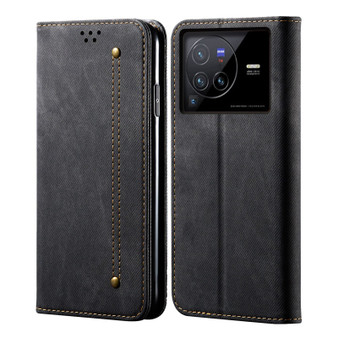 Cubix Denim Flip Cover for vivo X80 Pro Case Premium Luxury Slim Wallet Folio Case Magnetic Closure Flip Cover with Stand and Credit Card Slot (Black)