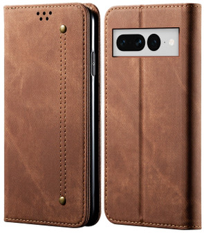 Cubix Denim Flip Cover for Google Pixel 7 Pro Case Premium Luxury Slim Wallet Folio Case Magnetic Closure Flip Cover with Stand and Credit Card Slot (Brown)