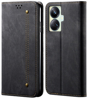 Cubix Denim Flip Cover for Realme 10 Pro Plus / Pro+ Case Premium Luxury Slim Wallet Folio Case Magnetic Closure Flip Cover with Stand and Credit Card Slot (Black)
