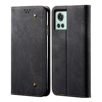 Cubix Denim Flip Cover for OnePlus 10R Case Premium Luxury Slim Wallet Folio Case Magnetic Closure Flip Cover with Stand and Credit Card Slot (Black)