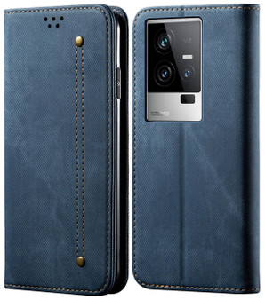 Cubix Denim Flip Cover for iQOO 11 Case Premium Luxury Slim Wallet Folio Case Magnetic Closure Flip Cover with Stand and Credit Card Slot (Blue)