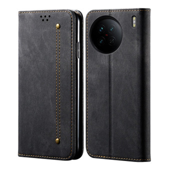 Cubix Denim Flip Cover for vivo X90 Case Premium Luxury Slim Wallet Folio Case Magnetic Closure Flip Cover with Stand and Credit Card Slot (Black)