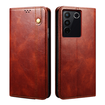 Cubix Flip Cover for Vivo V27e  Handmade Leather Wallet Case with Kickstand Card Slots Magnetic Closure for Vivo V27e (Brown)