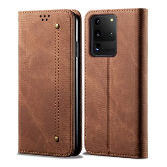Cubix Denim Flip Cover for Samsung Galaxy S20 Ultra Case Premium Luxury Slim Wallet Folio Case Magnetic Closure Flip Cover with Stand and Credit Card Slot (Brown)
