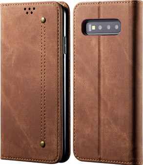 Cubix Denim Flip Cover for Samsung Galaxy S10 Case Premium Luxury Slim Wallet Folio Case Magnetic Closure Flip Cover with Stand and Credit Card Slot (Brown)