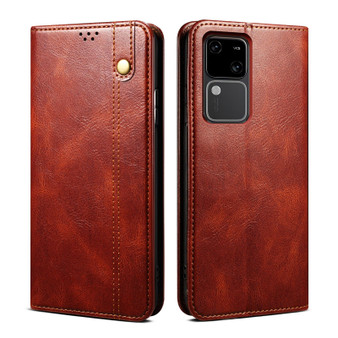 Cubix Flip Cover for Vivo V30  Handmade Leather Wallet Case with Kickstand Card Slots Magnetic Closure for Vivo V30 (Brown)