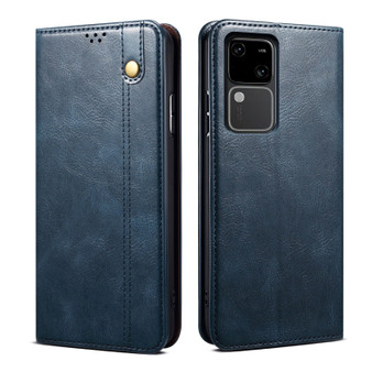 Cubix Flip Cover for Vivo V30  Handmade Leather Wallet Case with Kickstand Card Slots Magnetic Closure for Vivo V30 (Navy Blue)