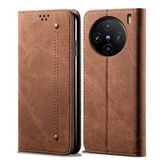 Cubix Denim Flip Cover for Vivo X100 Case Premium Luxury Slim Wallet Folio Case Magnetic Closure Flip Cover with Stand and Credit Card Slot (Brown)