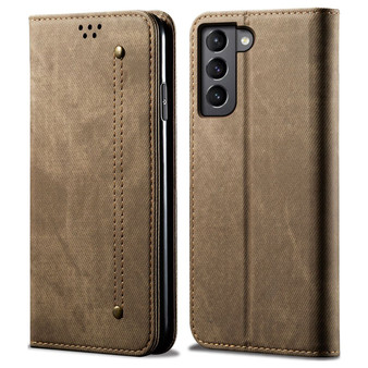 Cubix Denim Flip Cover for Samsung Galaxy S22 Plus Case Premium Luxury Slim Wallet Folio Case Magnetic Closure Flip Cover with Stand and Credit Card Slot (Khaki)