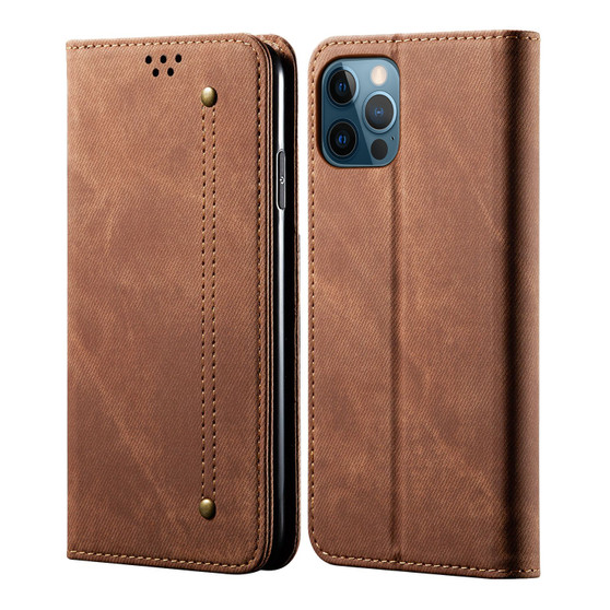 Cubix Denim Flip Cover for Apple iPhone 12 Pro Max (6.7 Inch) Case Premium Luxury Slim Wallet Folio Case Magnetic Closure Flip Cover with Stand and Credit Card Slot (Brown)