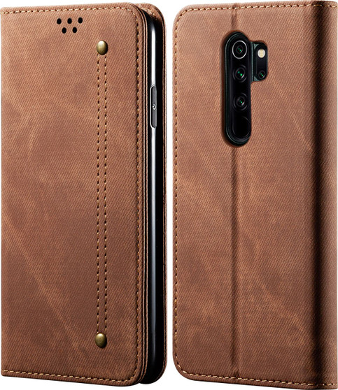 Cubix Denim Flip Cover for Redmi Note 8 Pro Case Premium Luxury Slim Wallet Folio Case Magnetic Closure Flip Cover with Stand and Credit Card Slot (Brown)