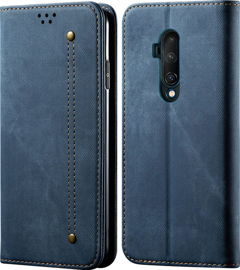 Cubix Denim Flip Cover for Oneplus 7T Pro / One Plus 7T Pro / 1+7T Pro Case Premium Luxury Slim Wallet Folio Case Magnetic Closure Flip Cover with Stand and Credit Card Slot (Blue)