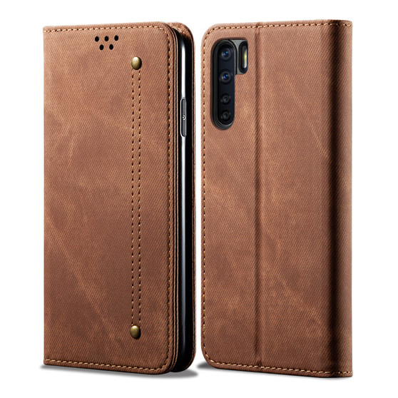 Cubix Denim Flip Cover for OPPO F15 Case Premium Luxury Slim Wallet Folio Case Magnetic Closure Flip Cover with Stand and Credit Card Slot (Brown)