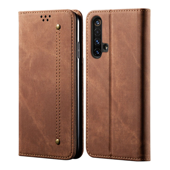 Cubix Denim Flip Cover for Realme X50 Pro Case Premium Luxury Slim Wallet Folio Case Magnetic Closure Flip Cover with Stand and Credit Card Slot (Brown)