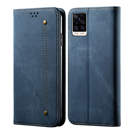 Cubix Denim Flip Cover for vivo V20 Pro Case Premium Luxury Slim Wallet Folio Case Magnetic Closure Flip Cover with Stand and Credit Card Slot (Blue)