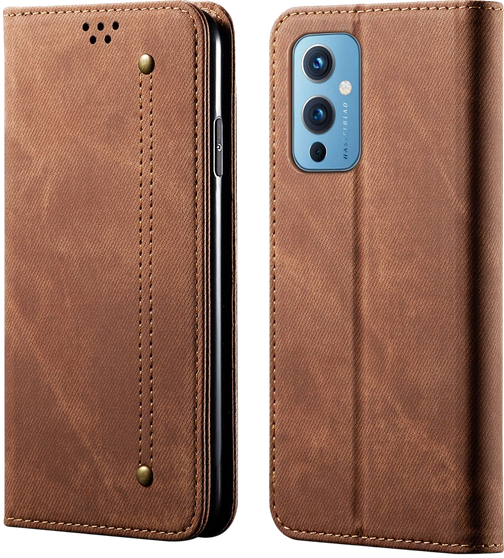 Cubix Denim Flip Cover for OnePlus 9 Case Premium Luxury Slim Wallet Folio Case Magnetic Closure Flip Cover with Stand and Credit Card Slot (Brown)