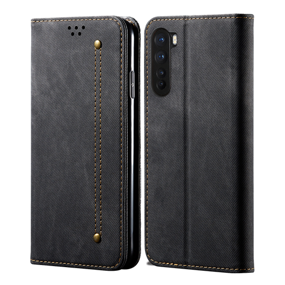 Cubix Denim Flip Cover for OnePlus Nord Case Premium Luxury Slim Wallet Folio Case Magnetic Closure Flip Cover with Stand and Credit Card Slot (Black)