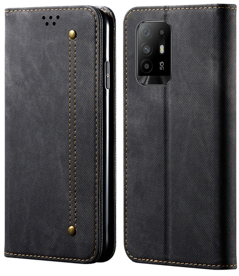 Cubix Denim Flip Cover for Oppo F19 Pro Plus / Pro+ Case Premium Luxury Slim Wallet Folio Case Magnetic Closure Flip Cover with Stand and Credit Card Slot (Black)