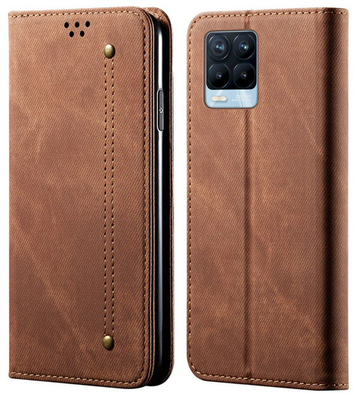 Cubix Denim Flip Cover for Realme 8 Pro Case Premium Luxury Slim Wallet Folio Case Magnetic Closure Flip Cover with Stand and Credit Card Slot (Brown)