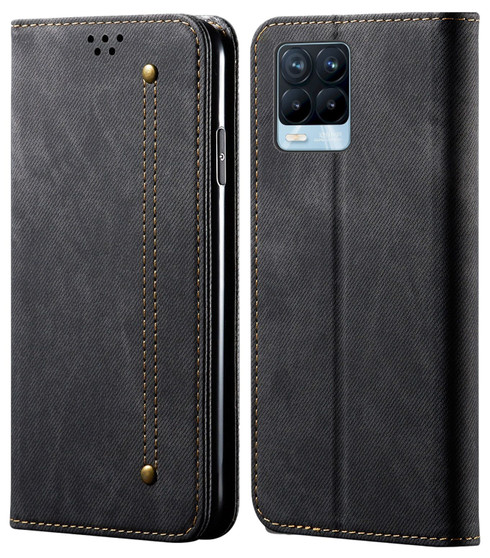 Cubix Denim Flip Cover for Realme 8 Pro Case Premium Luxury Slim Wallet Folio Case Magnetic Closure Flip Cover with Stand and Credit Card Slot (Black)