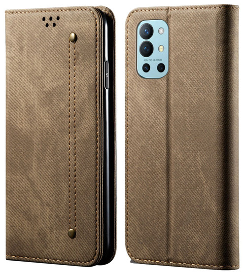 Cubix Denim Flip Cover for OnePlus 9R Case Premium Luxury Slim Wallet Folio Case Magnetic Closure Flip Cover with Stand and Credit Card Slot (Khaki)