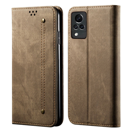 Cubix Denim Flip Cover for Vivo V21 5G Case Premium Luxury Slim Wallet Folio Case Magnetic Closure Flip Cover with Stand and Credit Card Slot (Khaki)