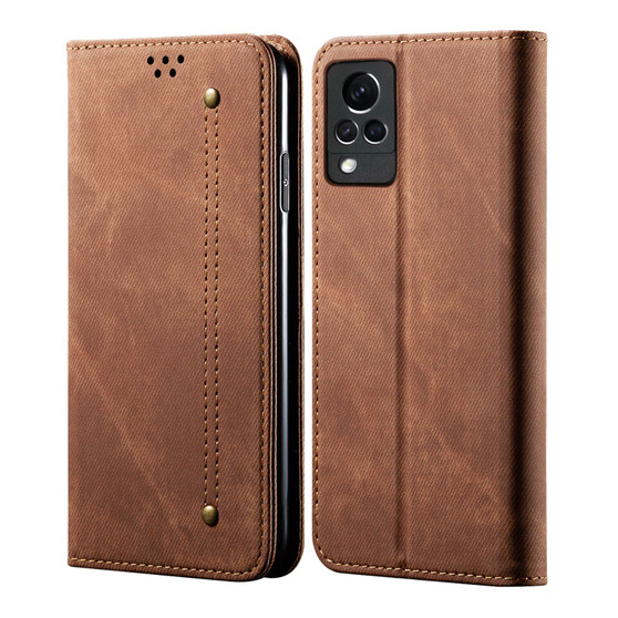Cubix Denim Flip Cover for Vivo V21 5G Case Premium Luxury Slim Wallet Folio Case Magnetic Closure Flip Cover with Stand and Credit Card Slot (Brown)