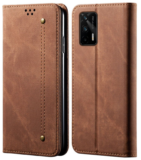 Cubix Denim Flip Cover for Realme GT 5G Case Premium Luxury Slim Wallet Folio Case Magnetic Closure Flip Cover with Stand and Credit Card Slot (Brown)