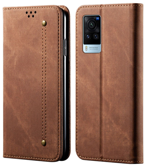 Cubix Denim Flip Cover for vivo X60 Pro Case Premium Luxury Slim Wallet Folio Case Magnetic Closure Flip Cover with Stand and Credit Card Slot (Brown)