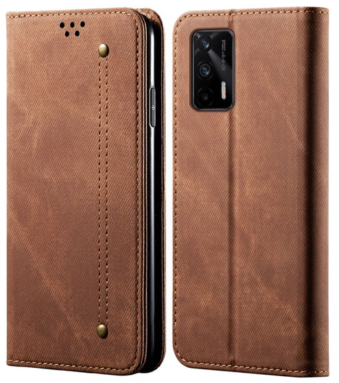 Cubix Denim Flip Cover for Realme X7 Max 5G Case Premium Luxury Slim Wallet Folio Case Magnetic Closure Flip Cover with Stand and Credit Card Slot (Brown)