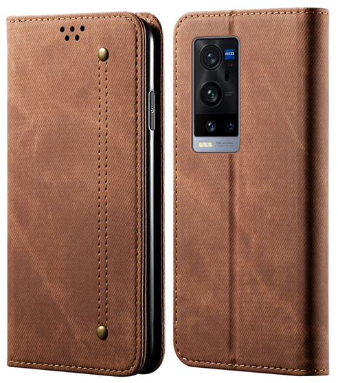 Cubix Denim Flip Cover for vivo X60 Pro Plus / Pro+ Case Premium Luxury Slim Wallet Folio Case Magnetic Closure Flip Cover with Stand and Credit Card Slot (Brown)