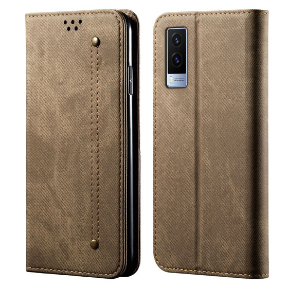 Cubix Denim Flip Cover for Vivo V21e 5G Case Premium Luxury Slim Wallet Folio Case Magnetic Closure Flip Cover with Stand and Credit Card Slot (Khaki)