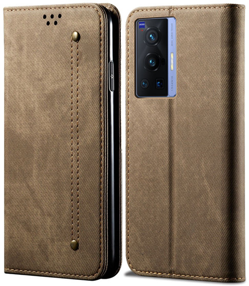 Cubix Denim Flip Cover for vivo X70 Pro Case Premium Luxury Slim Wallet Folio Case Magnetic Closure Flip Cover with Stand and Credit Card Slot (Khaki)