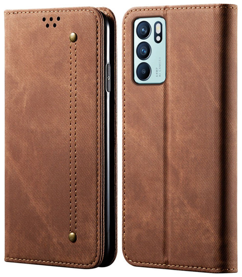 Cubix Denim Flip Cover for Oppo Reno6 5G / Reno 6 5G Case Premium Luxury Slim Wallet Folio Case Magnetic Closure Flip Cover with Stand and Credit Card Slot (Brown)