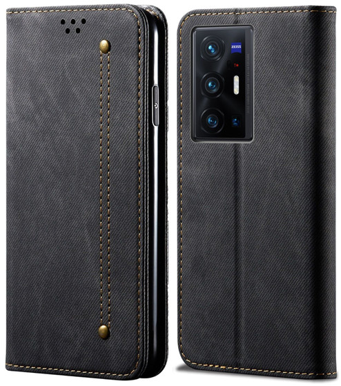 Cubix Denim Flip Cover for vivo X70 Pro Plus / vivo X70 Pro+ Case Premium Luxury Slim Wallet Folio Case Magnetic Closure Flip Cover with Stand and Credit Card Slot (Black)