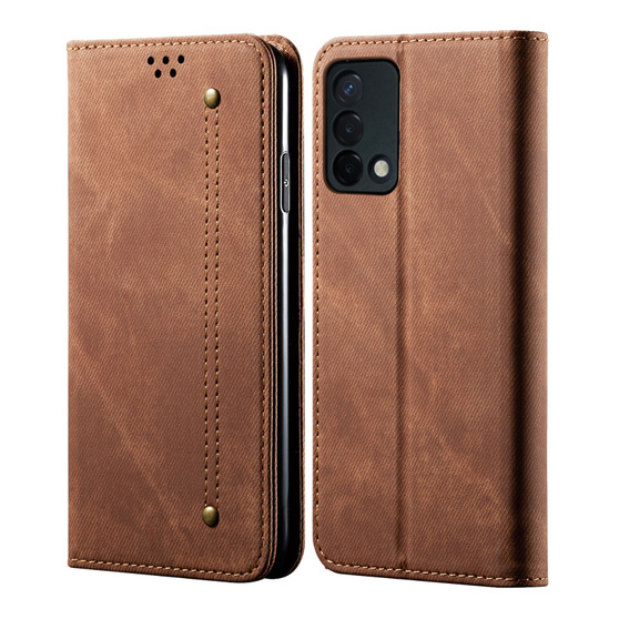 Cubix Denim Flip Cover for OPPO F19 Case Premium Luxury Slim Wallet Folio Case Magnetic Closure Flip Cover with Stand and Credit Card Slot (Brown)