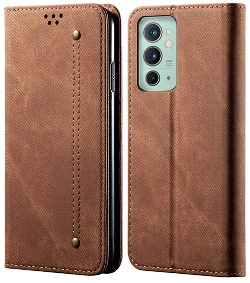 Cubix Denim Flip Cover for OnePlus 9RT Case Premium Luxury Slim Wallet Folio Case Magnetic Closure Flip Cover with Stand and Credit Card Slot (Brown)