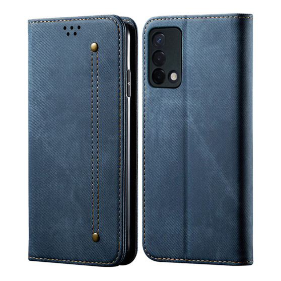 Cubix Denim Flip Cover for OPPO F19 Case Premium Luxury Slim Wallet Folio Case Magnetic Closure Flip Cover with Stand and Credit Card Slot (Blue)