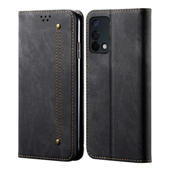 Cubix Denim Flip Cover for OPPO F19 Case Premium Luxury Slim Wallet Folio Case Magnetic Closure Flip Cover with Stand and Credit Card Slot (Black)