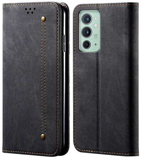 Cubix Denim Flip Cover for OnePlus 9RT Case Premium Luxury Slim Wallet Folio Case Magnetic Closure Flip Cover with Stand and Credit Card Slot (Black)