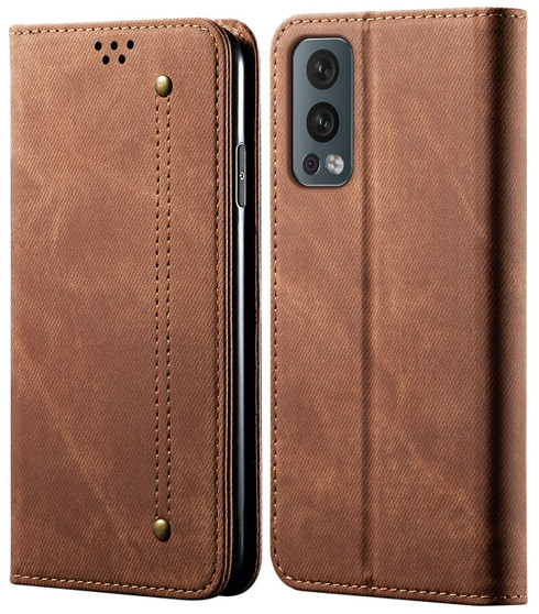Cubix Denim Flip Cover for OnePlus Nord 2 5G Case Premium Luxury Slim Wallet Folio Case Magnetic Closure Flip Cover with Stand and Credit Card Slot (Brown)