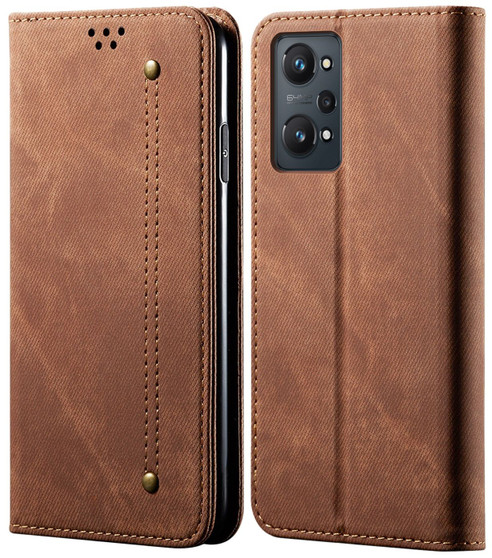 Cubix Denim Flip Cover for Realme GT NEO 2 Case Premium Luxury Slim Wallet Folio Case Magnetic Closure Flip Cover with Stand and Credit Card Slot (Brown)