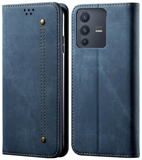 Cubix Denim Flip Cover for Vivo V23 5G Case Premium Luxury Slim Wallet Folio Case Magnetic Closure Flip Cover with Stand and Credit Card Slot (Blue)