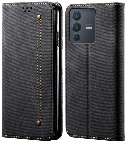 Cubix Denim Flip Cover for Vivo V23 5G Case Premium Luxury Slim Wallet Folio Case Magnetic Closure Flip Cover with Stand and Credit Card Slot (Black)