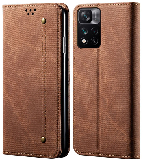 Cubix Denim Flip Cover for Xiaomi 11i 5G / 11i Hypercharge Case Premium Luxury Slim Wallet Folio Case Magnetic Closure Flip Cover with Stand and Credit Card Slot (Brown)