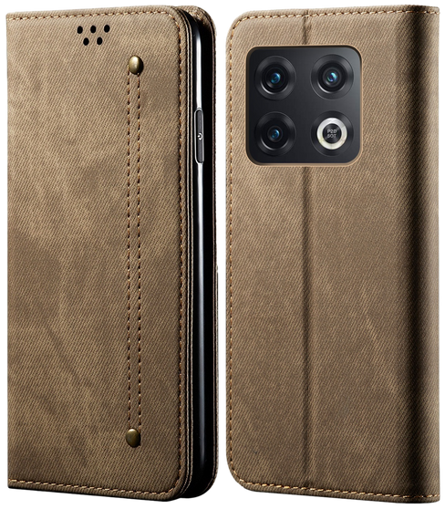 Cubix Denim Flip Cover for OnePlus 10 Pro 5G Case Premium Luxury Slim Wallet Folio Case Magnetic Closure Flip Cover with Stand and Credit Card Slot (Khaki)